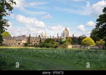 View of Peterhouse College and the tower of Pembroke College Chapel Cambridge University from Coe Fen Cambridge England Stock Photo