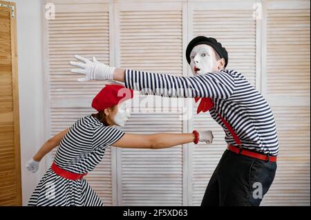 Two clowns, mime artists, boxing parody, comedy Stock Photo