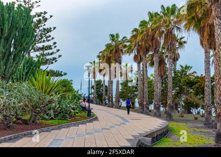 Puerto de la Cruz, Spain, Janury 3, 2021: People passing seaside promenade at Puerto de la Cruz, Tenerife, Canary islands, Spain. Stock Photo