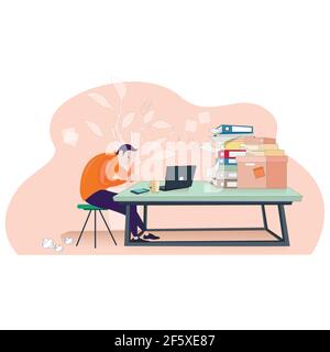 Overworked businessman, stressed deadline, adult man with headache and fatigue, overtime work entrepreneur, vector illustration. Pile of paperwork on Stock Vector