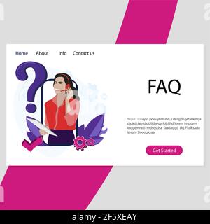 Faq service landing page. Info helpdesk, assistant and support, application hotline, immediately solution. Vector website professional, assistant oper Stock Vector