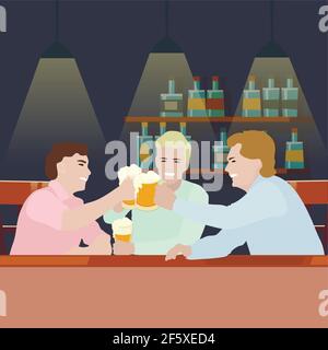 Man drink beer in pub, mugs with lager cheers. Drinking glass beer, interior bar and pub after hard work week, friday party. Vector illustration Stock Vector