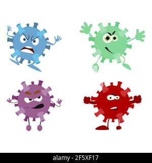 Character virus with hands and legs. Set of virus bacteria cartoon, flu infection disease coronavirus, micro mascot influenza Stock Vector