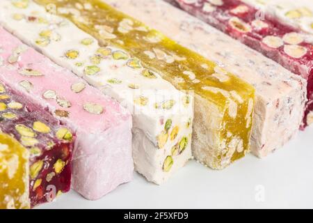 Turkish delight close-up background. Rahat lokum Stock Photo