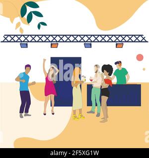 Summer disco, people have fun and dance, dj plays music. Vector entertainment party, music techno festival, celebration event in night club, dj play e Stock Vector