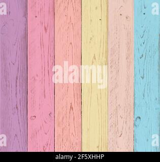 A wooden background of 6 vertical boards painted in pastel shades, in violet, pink, orange, yellow, salmon and blue colors. background for wedding the Stock Photo