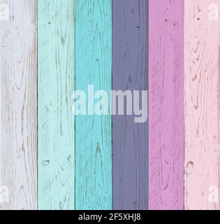 A wooden background of vertical boards painted in pastel shades, in blue, pink, purple and yellow colors. background for wedding and event themes in v Stock Photo