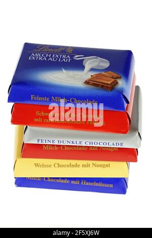 selection of Lindt chocolate bars isolated on white background Stock Photo