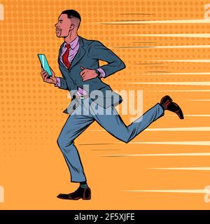 an African businessman with a smartphone runs. Business people at work Stock Vector