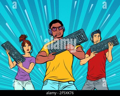 professional gamers with a keyboard. Computer games industry. black guy in the foreground Stock Vector