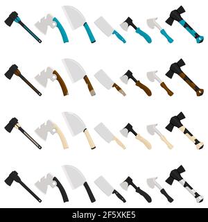 Illustration on theme big kit steel axes with wooden handle, metal ax for hunting. Pattern ax consisting of many different axes on white background. F Stock Vector