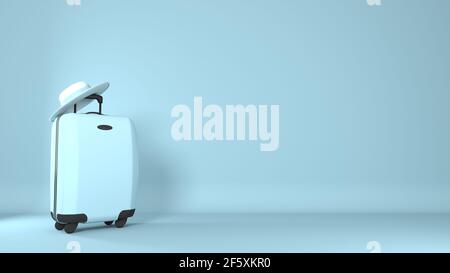 Large polycarbonate suitcase and hat on color background 3d Stock Photo