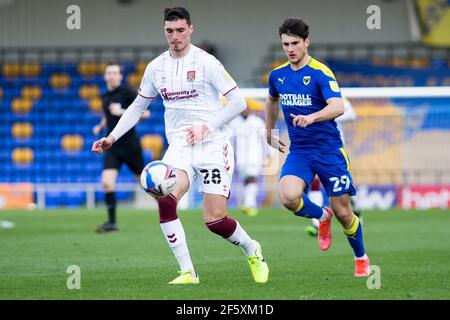 LONDON, UK. MARCH 27TH Lloyd Jones of Northampton Town controls the ball during the Sky Bet League 1 match between AFC Wimbledon and Northampton Town at the Plough Lane, Wimbledon on Saturday 27th March 2021. (Credit: Federico Maranesi | MI News) Credit: MI News & Sport /Alamy Live News Stock Photo