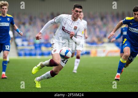 LONDON, UK. MARCH 27TH Lloyd Jones of Northampton Town controls the ball during the Sky Bet League 1 match between AFC Wimbledon and Northampton Town at the Plough Lane, Wimbledon on Saturday 27th March 2021. (Credit: Federico Maranesi | MI News) Credit: MI News & Sport /Alamy Live News Stock Photo