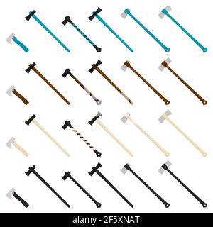 Illustration on theme big kit steel axes with wooden handle, metal ax for hunting. Pattern ax consisting of many different axes on white background. F Stock Vector