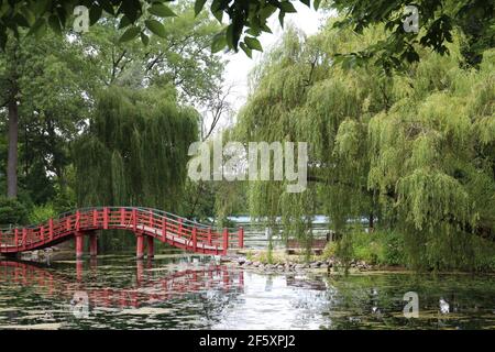 A red arched bridge over a lake leading from and to two forested areas in Janesville, Wisconsin, USA Stock Photo