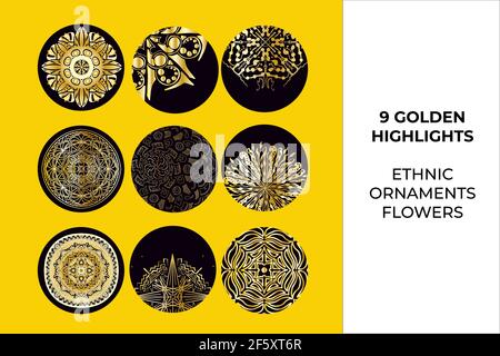 Circle gold design modern icons collection. Doodle round textured shape Stock Vector