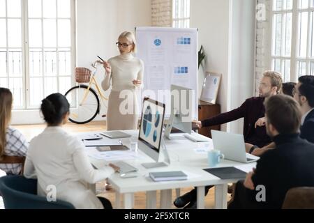 Confident female coach lead meeting in office Stock Photo