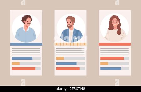 Election results vector flat illustration. Profiles with political candidates and vote statistics. Parliamentary or presidential elections concept. Men and woman profiles with election data. Stock Vector