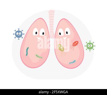 Happy smiling lungs with virus cells vector flat illustration. Lungs disease, respiratory infection. Bacteria, microbe, virus in human organs. Pneumonia, asthma, or tuberculosis concept. Stock Vector