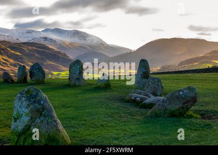 St Johns in the Vale and the Helvellyn Range from Castlerigg Stone Circle, Lake District, Cumbria Stock Photo