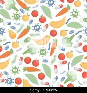 Vegetables, fruits, pills and microflora vector flat seamless pattern. Vitamins, supplements, and minerals for health and good digestion. Carrot, apple, pear. Tomato, broccoli, and banana. Stock Vector