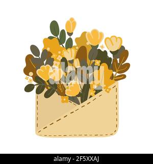 Cute hand drawn spring card. Beige envelope with yellow flowers and green leaves. Floral vector illustration isolated on white background. Stock Vector