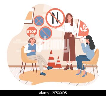 Group of happy smiling women learning driving theory, road signs, traffic rules vector flat illustration. People preparing for exams for driver license. Driving school for women only concept. Stock Vector