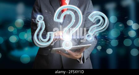 Businessman on a dark background with tablet and with question marks as a concept of doubt and thinking. 3d Render Stock Photo