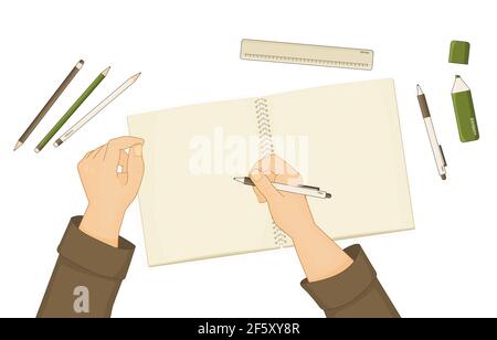Exercise book or notebook for summary notes, pen pencil marker, ruler are on table. Human starts writing something, hands are shown. White pen is in r Stock Vector