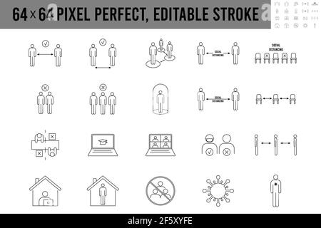 Simple Set of social distancing icon. Line Icons, self quarantine, stay home, work from home, avoid crowded place, space. Keep your distance. 64x64 Stock Vector