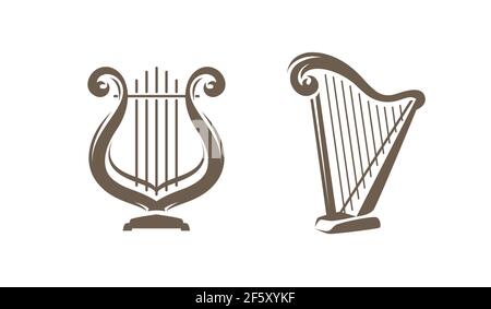 Musical harp, lyre symbol or logo. Classical music concept vector illustration Stock Vector