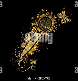 Gold microphone with beautiful shiny butterflies. Mic vector icon. Cartoon vector icon isolated on white background mic. Vector illustration Stock Vector