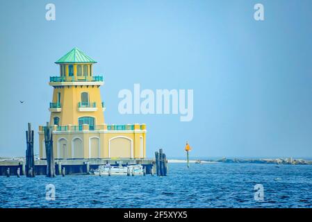 A pontoon boat docks alongside the Beau Rivage Marina, March 27, 2021, in Biloxi, Mississippi. Stock Photo