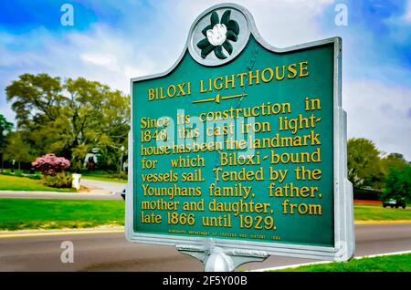 A historic marker for the Biloxi Lighthouse is pictured on Highway 90, March 27, 2021, in Biloxi, Mississippi. Stock Photo