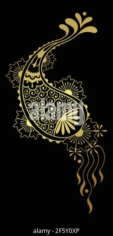 Golden ethnic Indian Paisley pattern with swirls on black background Stock Vector