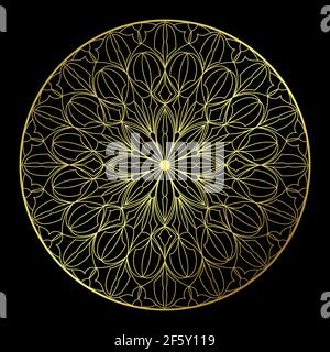 Lace gold mandala line art on black background Stock Vector