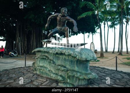 Oahu, USA - December 2020 Surf statue on Queen's Beach area of downtown Waikiki Honolulu, Oahu. High quality photo Stock Photo