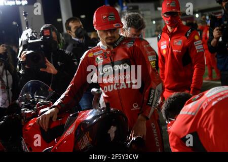 Doha, Qatar. 28th Mar, 2021. Races for MotoGP Barwa Grand Prix of Qatar at Losail International Circuit, Qatar. March 28, 2021 In picture: Bagnaia team Carreras del Gran Premio de MotoGP Barwa de Qatar en el Circuito Internacional de Losail, Qatar. 28 de marzo de 2021 POOL/ MotoGP.com/Cordon Press Images will be for editorial use only. Mandatory credit: © MotoGP.com Credit: CORDON PRESS/Alamy Live News Stock Photo