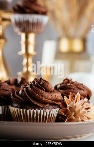 chocolate cupcakes with berry filling and chocolate cream Stock Photo