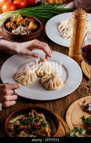 Georgian dumplings Khinkali with meat Stock Photo