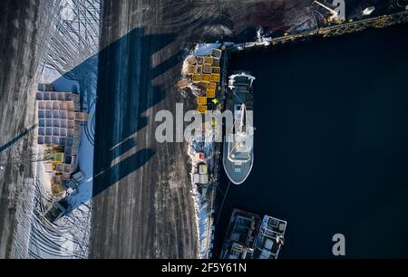 Aerial view of cargo ship in wharf Stock Photo