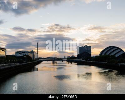 Glasgow skyline at dusk as seen from the squinty bridge, showing the Armadillo and the Glasgow Tower. Stock Photo