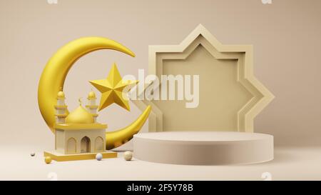 Crescent moon and stars golden with Mosque Islamic symbol 3D rendering ...
