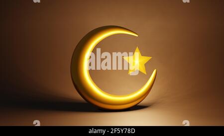 Crescent moon and stars golden Islamic symbol 3D rendering Stock Photo ...