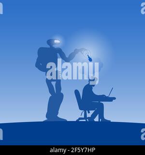 robot or AI stealing idea of businessman working on laptop computer in blue shade gradient background illustration vector. Stock Vector