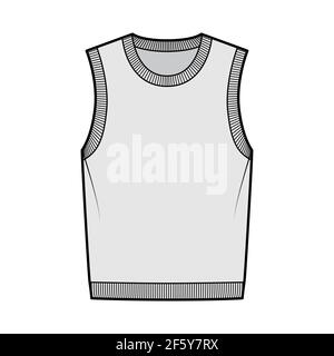 Pullover vest sweater waistcoat technical fashion illustration with sleeveless, rib knit round neckline, oversized body. Flat template front, grey color style. Women, men, unisex top CAD mockup Stock Vector