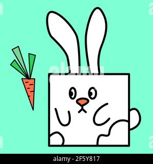 Black line rabbit Easter mascot holiday design art Square shape bunny with cute red nose and orange carrot element. Quirky animal tattoo Aqua menthe b Stock Vector