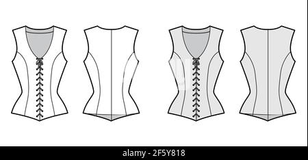 Bodice vest waistcoat technical fashion illustration with sleeveless, V-neck, lacing front closure, fitted body. Flat template back, white, grey color style. Women, men, unisex top CAD mockup Stock Vector