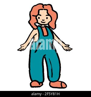 Farmer girl in turquois bib overall. Young redhead woman wants to hug. Happy female worker icon for farm logo, agrarian label, feminine symbol. White Stock Vector